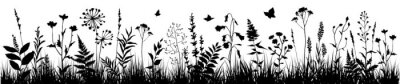 Sticker Zwart-witte bloemen en kruiden in de wei