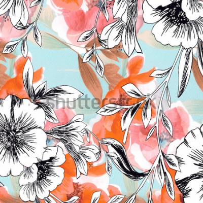 Sticker Zwart-witte bloemen op een kleurrijke achtergrond