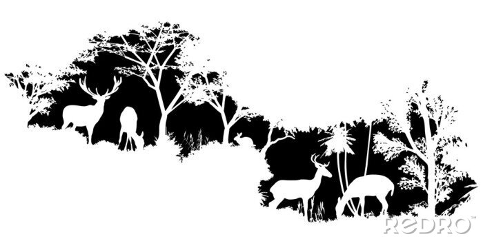 Sticker Zwart-witte dieren tekenen op de achtergrond van het bos