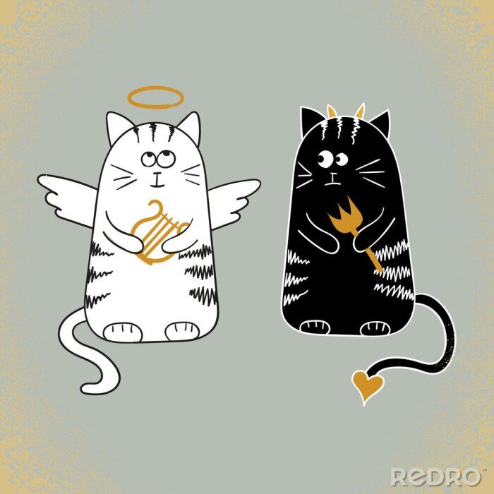 Sticker Zwart-witte katten als engel en duivel