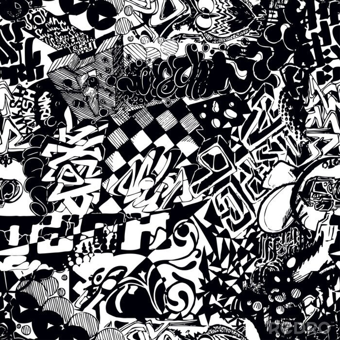 Sticker Zwart-witte naadloze patroongraffiti, sticker bombardement