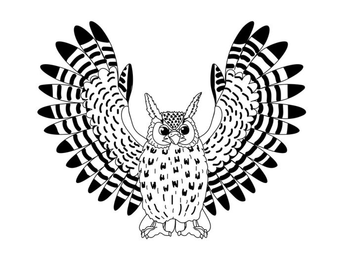 Sticker Zwart-witte uil met gespreide vleugels