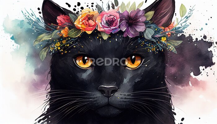 Sticker Zwarte kat in een krans van bloemen