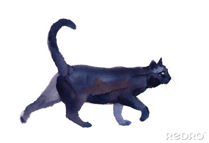 Sticker Zwarte Kat Wandelen Waterverf Handgetekende Dierlijke Portret Dierlijke Illustratie