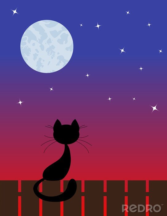 Sticker Zwarte katten kat zittend op het hek kijkend naar de maan