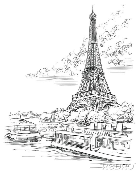 Sticker Zwarte schets van de Eiffeltoren in Parijs