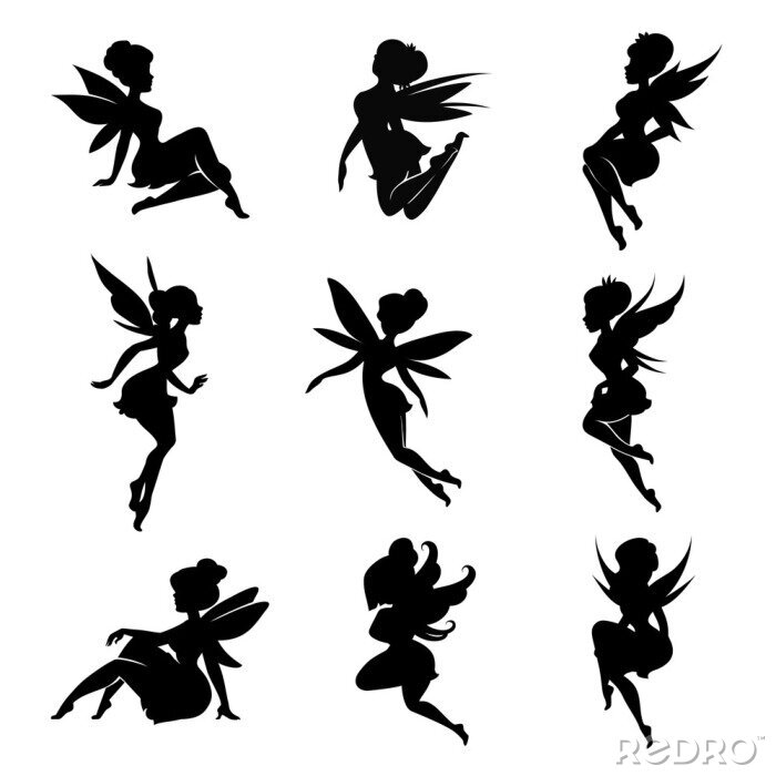 Sticker Zwarte silhouetten van feeën met vleugels