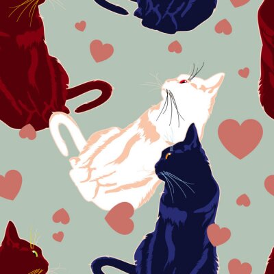 Sticker Zwarte, witte en rode katten onder harten